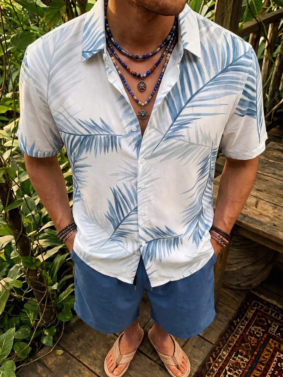 Genlund Plus Size Men's Tropical Plant Print Short Sleeve Shirt And Shorts Beach Outfit, Holiday - Blue - View 1