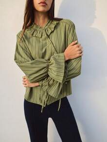 Nöista Green And Olive Striped Blouse With Ruffled Collar. Fall, Office Wear And Everyday Style. - Green - View 2