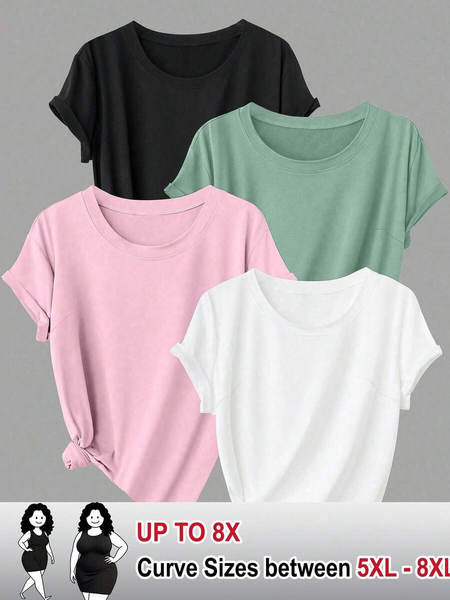 SHEIN CURVE+ 4件套加大码女式基本款短袖宽松T恤 - 彩色 - 查看 1