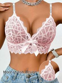 SHEIN 1pc Women's Lace Wireless Bra - Pink - View 5