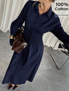 Siren Gaze Women's Elegant Commute Solid Color Front Button Long Dress - Navy Blue - View 6