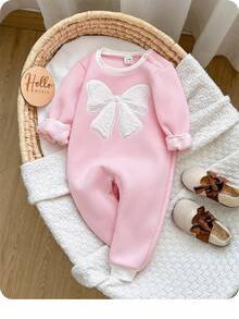 SHEIN Newborn Baby Girl Cute Autumn/Winter Bow Pattern Long Sleeve Thermal Lined Thick Jumpsuit - Baby Pink - View 3