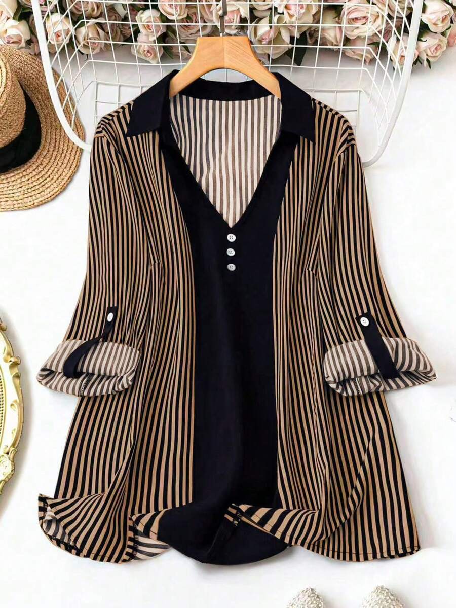 SHEIN LUNE 大码女式条纹卷袖纽扣设计休闲宽松衬衫 - 摩卡棕 - 查看 1