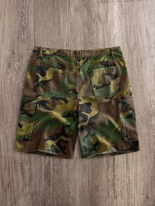Manfinity Joysei Plus Size Men's Summer Casual Fashion Street Camo Print Rhinestone Faux Pearl Decor Flap Pocket Denim Cargo Shorts - Army Green - View 2