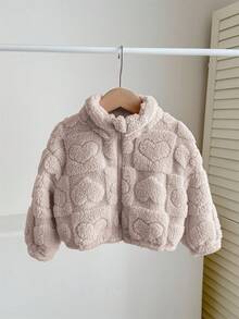 SHEIN LMoss Kids LMoss 女嬰可愛休閒毛絨立領夾克，愛心圖案，適合秋冬穿著 - 卡其色 - 查看 9