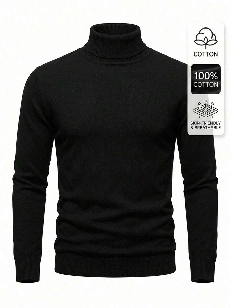 Manfinity Homme 男士秋冬休閒純色高領毛衣 - 黑色 - 查看 1