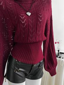 Elamini Burgundy Hollow Out Turtleneck Sweater, Women Batwing Long Sleeve Ribbed Hem Going Out Date Autumn Elegant - Burgundy - View 6