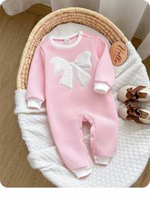SHEIN Newborn Baby Girl Cute Autumn/Winter Bow Pattern Long Sleeve Thermal Lined Thick Jumpsuit - Baby Pink - View 4
