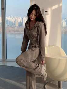 DAZY Women's Two-Piece Sweatshirt And Pants Set With Dual-Ended Zipper Tracksuits Women Set Hoodie Lounge Sets For Women - Brown - View 2