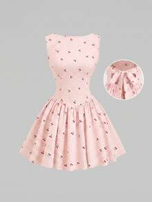 Sunnyshic Women's Spring/Summer Sweet Pastoral Vacation Versatile Fashion Street Party Plaid Cherry Open Back Sleeveless Cinched Waist A-Line Mini Dress - Baby Pink - View 3