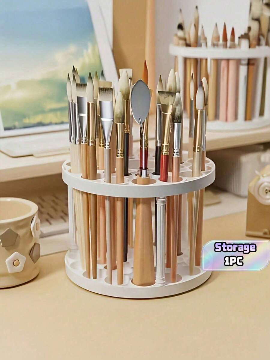 1Pc 360-Degree Rotating Pen Holder - Stylish White Plastic Storage Organizer, Suitable For Painting Brushes, Pens And Makeup Tools, Space-Saving Desktop Organizer With Glazed Finish, Cosmetic Brush Storage Rack - Makeup Brush Storage Rack - View 1