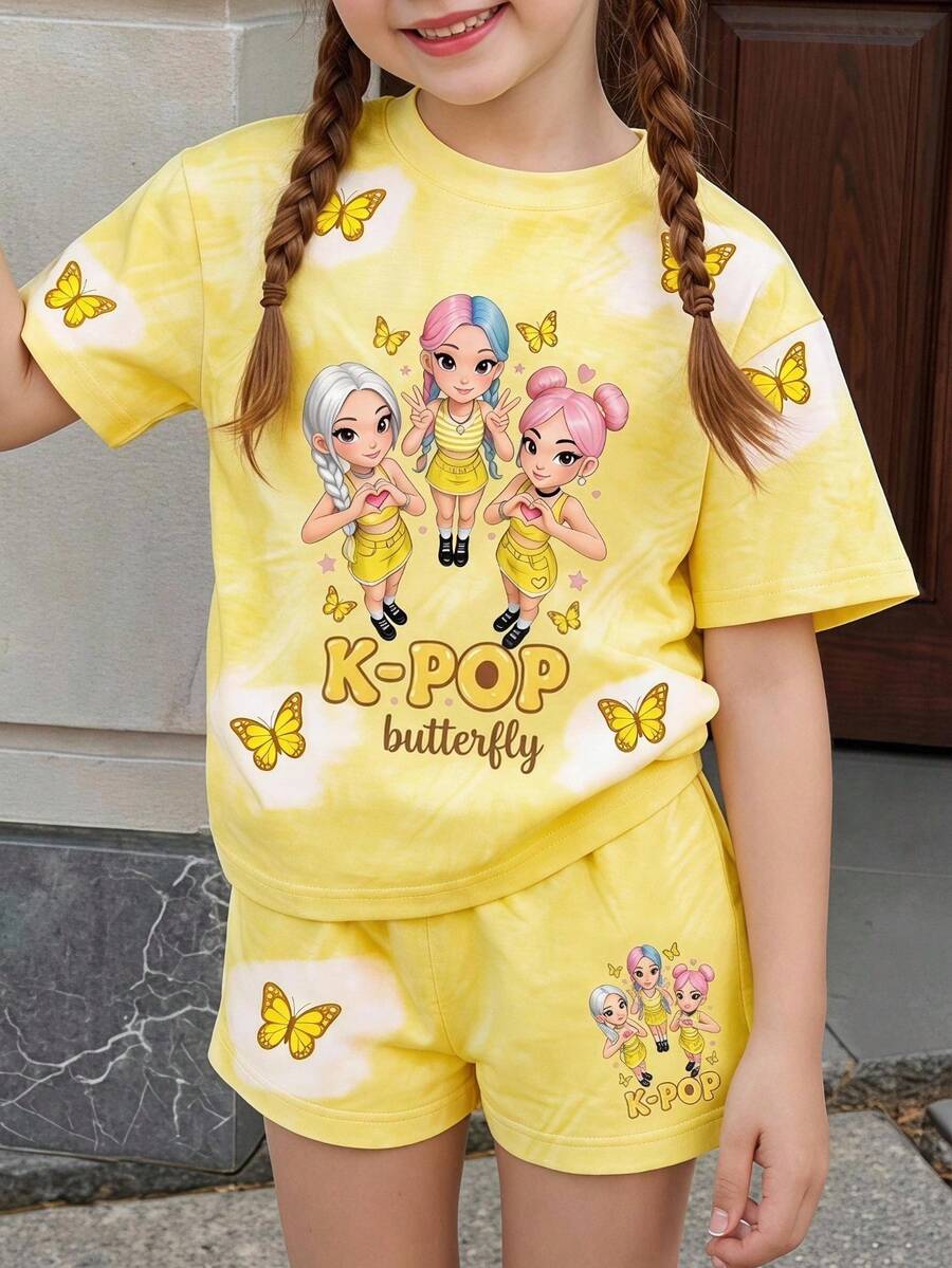 两件套女童3D印花短袖上衣和短裤套装,印有可爱女团图案、Logo和蝴蝶装饰,韩版甜美可爱,适合夏季外出、返校,舒适时尚的童装,春夏休闲装,婴幼儿图案T恤,夏季 - 彩色 - 查看 1