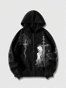 ROMWE MEN Goth 男士標語圓領拉鍊連帽休閒日常長袖運動衫 - 黑色 - 查看 3