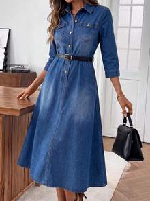 EMERY ROSE Women's Casual Commute Denim Dress Fall/Winter Teacher Outfits For Women - Blue - View 2