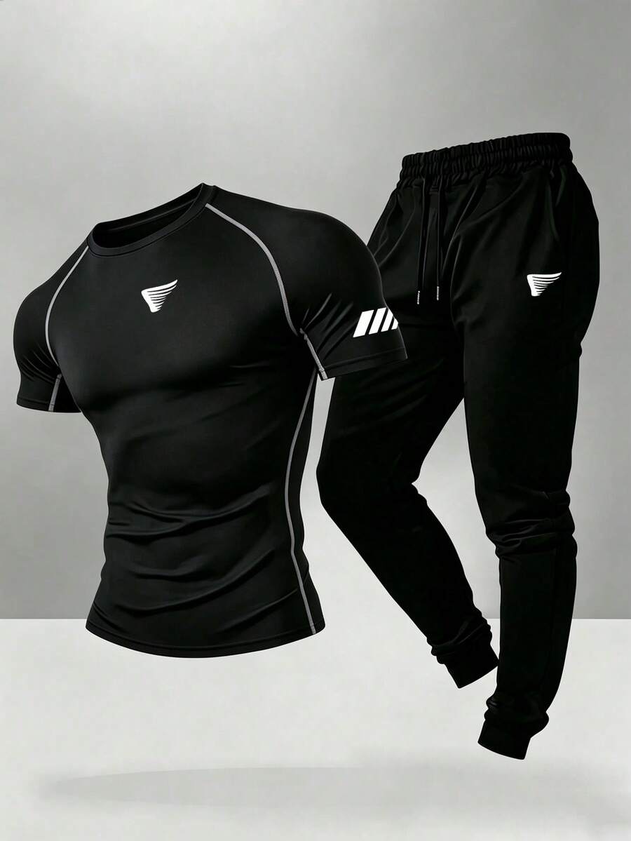 Gym Rark Men's Colorblock Short Sleeve Top And Drawstring Waist Long Pants Casual Daily Sports Outfit - Black - View 1