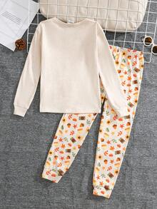 SHEIN Boys' Autumn/Winter Long Sleeve Long Pants Snug Fit Loungewear With Maple Leaf And Letter Print - Multicolor - View 2