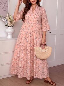 Comfylo Ditsy Floral 3/4 Sleeve Patchwork Tiered Maxi Dress Plus Size Fall - Multicolor - View 3