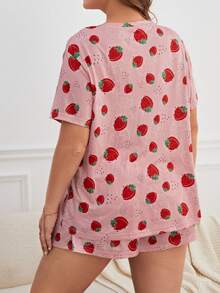 Plus Strawberry Print Tee & Shorts PJ Set / Pajama Set - Watermelon Pink - View 2