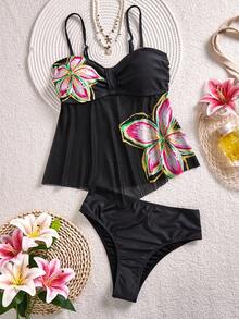 Swim Lushoire Women's Summer Vacation Detachable Shoulder Strap Floral Print Tankini Set - Black - View 6