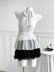 Sweetra Blus Ruffle Tiga Lapis Motif Polkadot Seksi Model Halter Neck dengan Tali Pengikat untuk Ukuran Plus - Putih - View 2