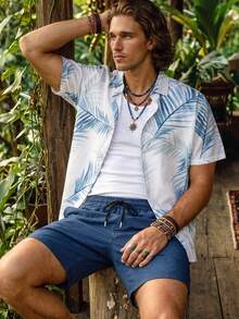 Genlund Plus Size Men's Tropical Plant Print Short Sleeve Shirt And Shorts Beach Outfit, Holiday - Blue - View 6