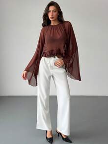 Aloruh Women's Elegant Sexy Crew Neck Multi-Layer Ruffle Hem Loose Bell Sleeve Knit Mesh Long Sleeve T-Shirt Date Night Night Out Dark Brown Summer - Brown - View 3