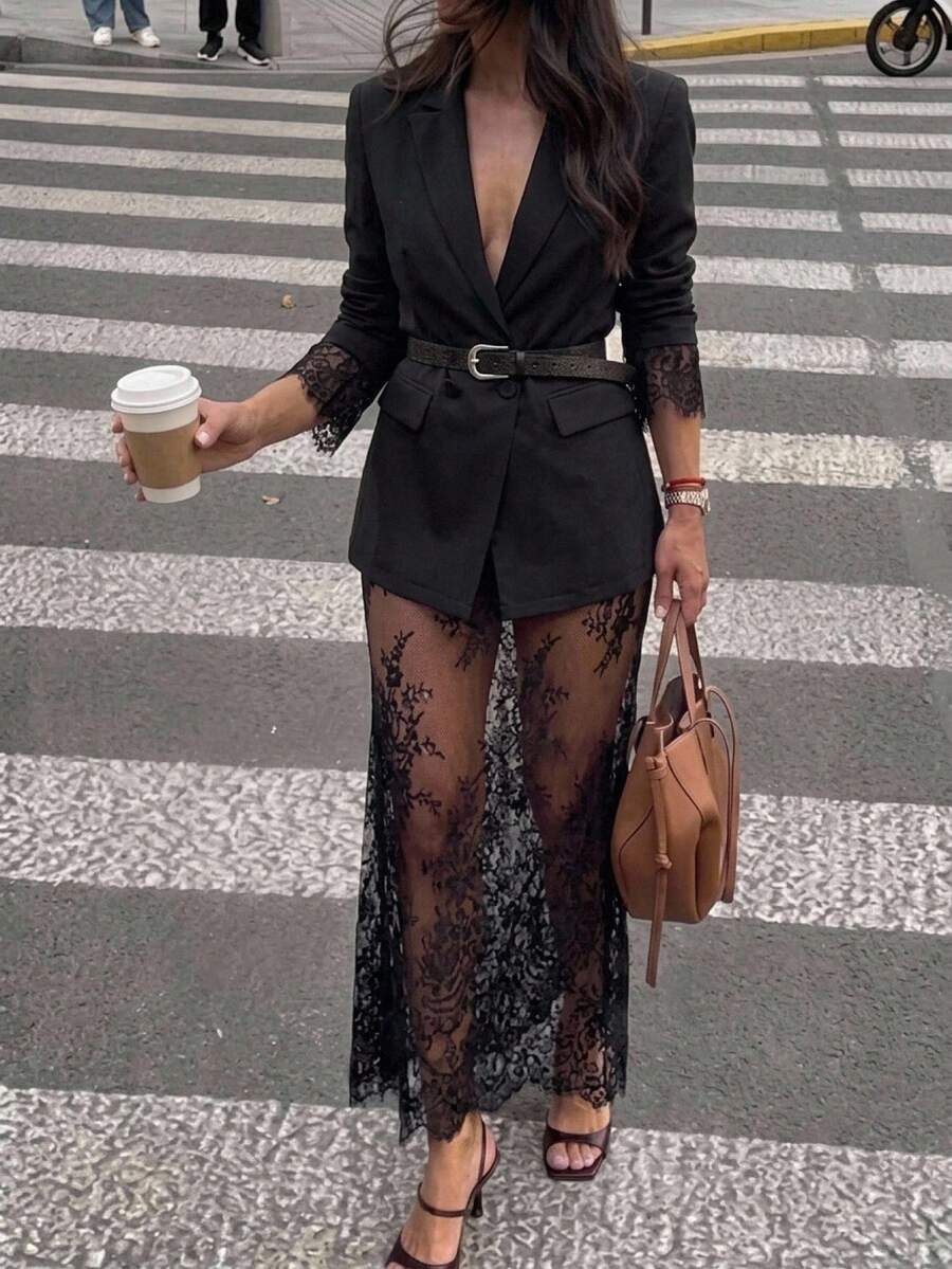 Aloruh Completo casual da pendolare con giacca alla moda con bottoni e gonna trasparente con patchwork in pizzo - nero - Visualizzare 1