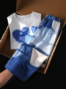 SHEIN Sparklyn 青少年女孩 T-shirt 與長褲 2 件套，休閒寬鬆針織，返校季復古秋季服飾，Y2K 女孩套裝，白色上衣寬腿褲 - 彩色 - 查看 3