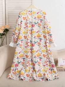 SHEIN Tween女孩寬鬆休閒刺繡蕾絲飾邊拼接碎花小花梭織長袖蝴蝶結家居睡袍 黃色長款睡裙 - 黃色 - 查看 2