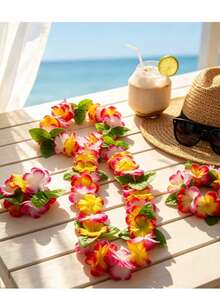 Hawaiian Flower Garlands Set, Hawaiian Leis Necklace, Hawaii Garland Necklace, Tropical Hawaii Flower Theme Party Favors, Tropical Hibiscus Flowers For Summer Pool Parties And Hawaii Theme Parties, For Decoration Fancy Dress - Style F - View 3