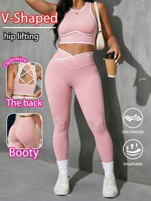 Sunnyshic Women's Plus Size Colorblock Top And Leggings Casual Daily Sports Set - Pink - View 3