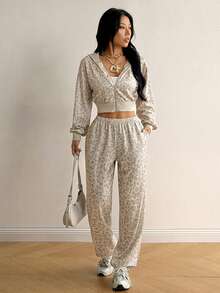 SHEIN EZwear 豹紋針織女款長袖拉鍊連帽衛衣與長褲兩件套 - 彩色 - 查看 6