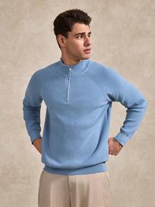 Courvante Men's Minimalist Solid Color Ribbed Knit Half-Zip Raglan Sleeve Sweater, Autumn/Winter Quarter Zip Men Mock Neck Golf, Tennis - Baby Blue - View 4