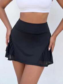 SHEIN Sports Women's Casual, Loose-Fit Athletic Skirt; Black; Regular Waist; Mesh Paneling; Features Built-In Shorts And Pockets. - Black - View 2