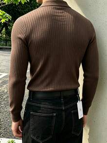JOLTRO 男士休閒百搭純色長袖 Polo 衫 - 鏽棕色 - 查看 2