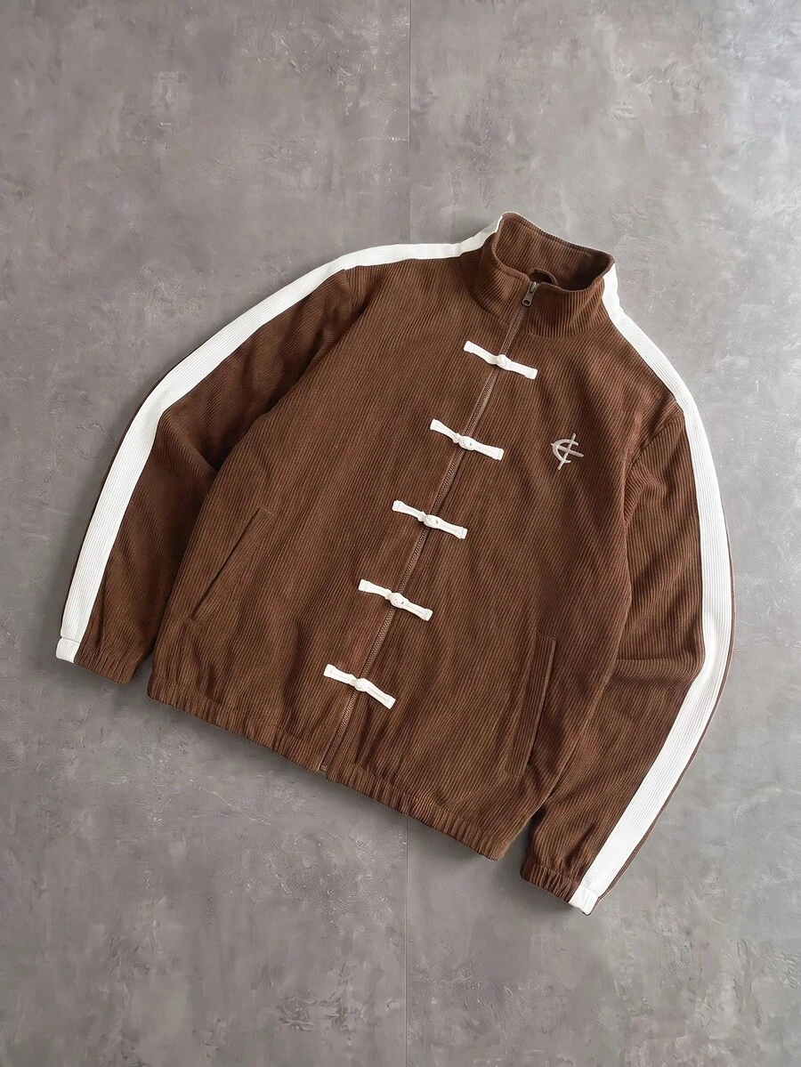 PAVTROS Men's Colorblock Patchwork Frog Button Jacket - Coffee Brown - View 1