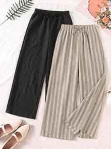 SHEIN 青少年女孩抽繩腰休閒百搭日常穿著寬腿長褲 2件/套 - 彩色 - 查看 3