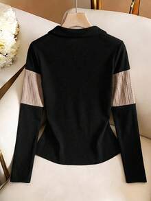 GlowEve CURVE Women's Fashion Elegant Long Sleeve Turn Collar Colorblock Button T-Shirt, Suitable For Daily Commute And Home Wear - Black - View 2