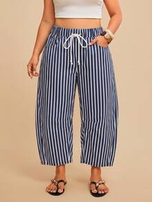 Comfortcana Plus Size Vacation Casual Striped Denim Jeans - Blue - View 5