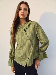 Nöista Green And Olive Striped Blouse With Ruffled Collar. Fall, Office Wear And Everyday Style. - Green - View 7