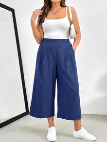 SHEIN Essnce Plus Size Women's Solid Color Pleated Pocket Wide Leg Cropped Pants - Royal Blue - View 4