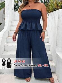SHEIN CURVE+ Plus Size Women's Spring/Summer Vacation Style Crinkle Fabric Shirred Bandeau Top And Draped Wide Leg Pants 2-Piece Set - Navy Blue - View 7