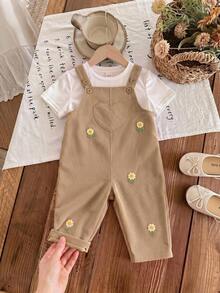 SHEIN Baby Girl Woven Solid Color Floral Pattern Overall Romper - Camel - View 5
