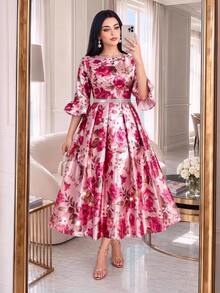 SHEIN Lady 大尺碼女款花卉印花百褶時尚派對洋裝 秋季 - 彩色 - 查看 1