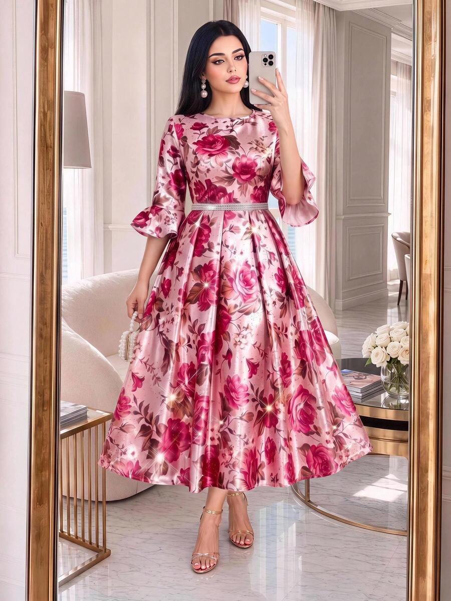 SHEIN Lady 大尺碼女款花卉印花百褶時尚派對洋裝 秋季 - 彩色 - 查看 1