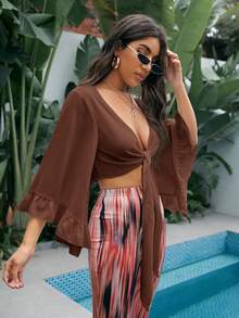 SHEIN VCAY Women's Solid Color Deep V-Neck Front Knot Bell Sleeve Cropped Top For Vacation - Brown - View 3