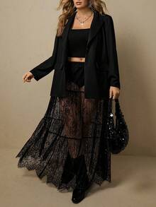 Freevana Plus Size Women Elegant Black Long Sleeve Suit Jacket And Sheer Lace Maxi Skirt Two Pieces Set Outfits Fall - Black - View 4