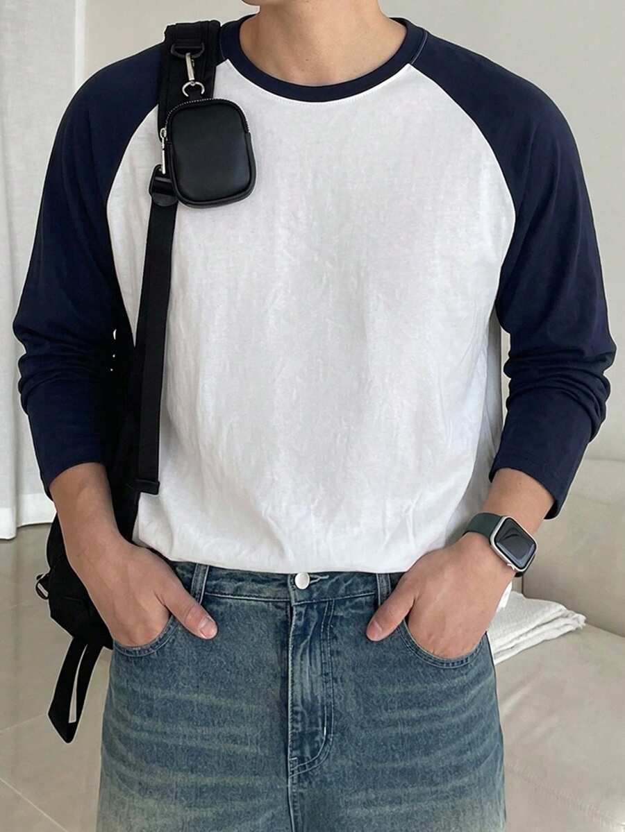 DAZY Men's Crew Neck Contrast Color Casual Versatile Daily Wear T-Shirt - Navy Blue - View 1
