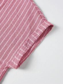 Linhara 大尺碼女款粉色寬鬆休閒襯衫 春夏 H-Line 缺口領捲袖條紋印花 適合約會之夜與早午餐 - 玫紅色 - 查看 6