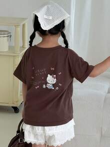 Dazy Kids HELLO KITTY | DAZY 女童字母卡通印花休閒日常短袖T恤 - 咖啡棕 - 查看 8